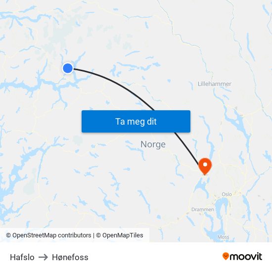 Hafslo to Hønefoss map