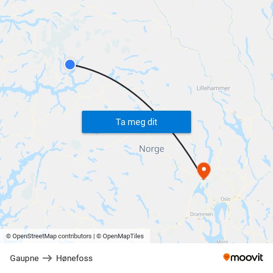 Gaupne to Hønefoss map