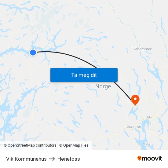 Vik Kommunehus to Hønefoss map