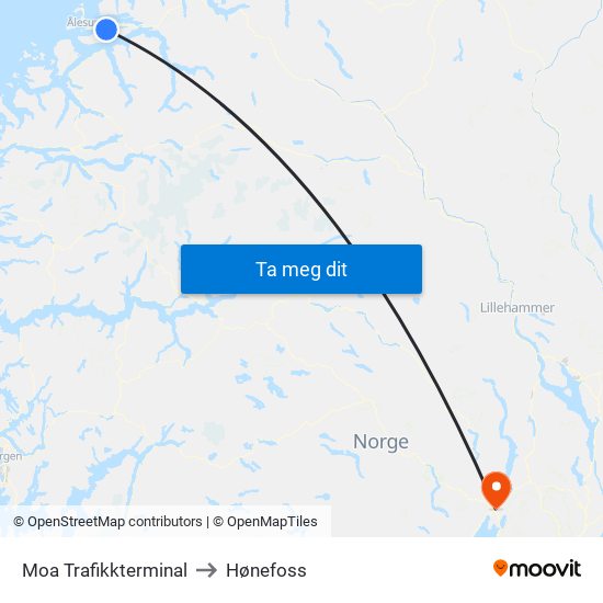 Moa Trafikkterminal to Hønefoss map