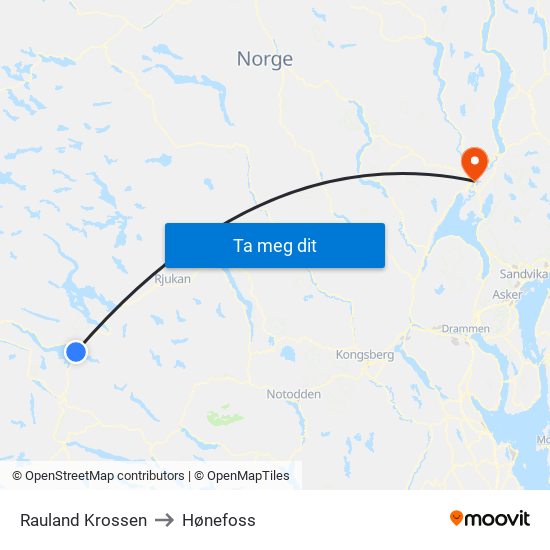 Rauland Krossen to Hønefoss map