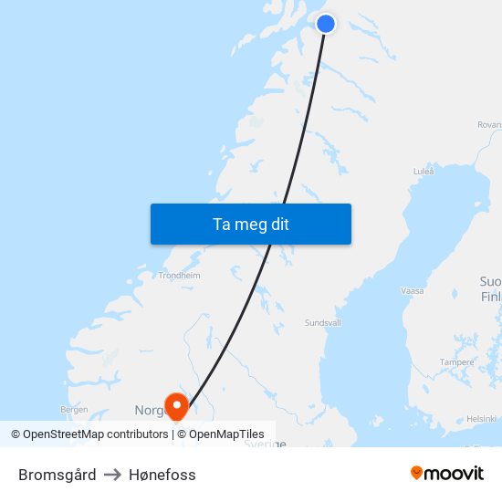 Bromsgård to Hønefoss map