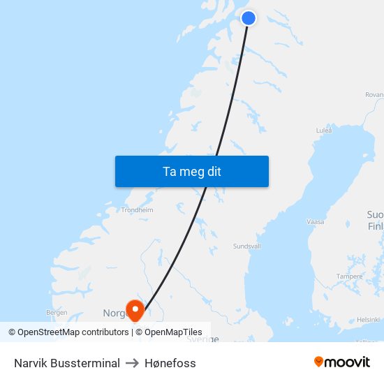 Narvik Bussterminal to Hønefoss map