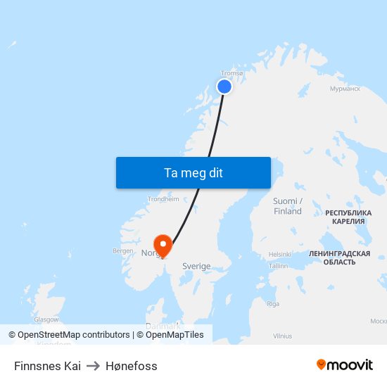 Finnsnes Kai to Hønefoss map