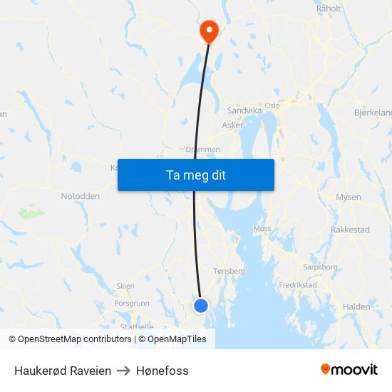 Haukerød Raveien to Hønefoss map