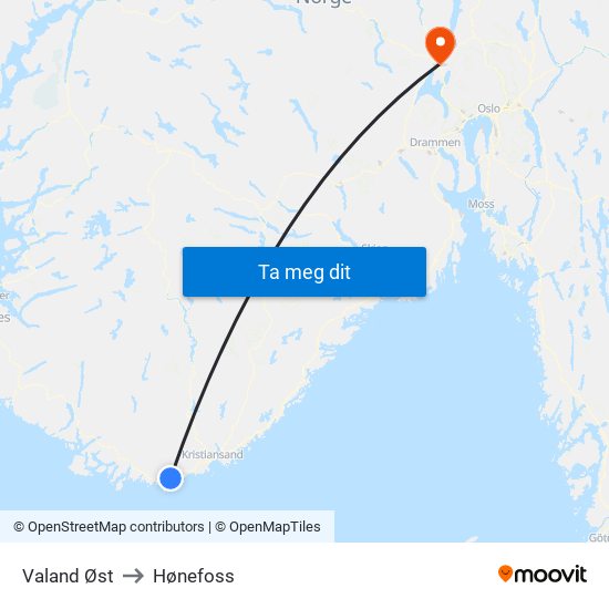 Valand Øst to Hønefoss map