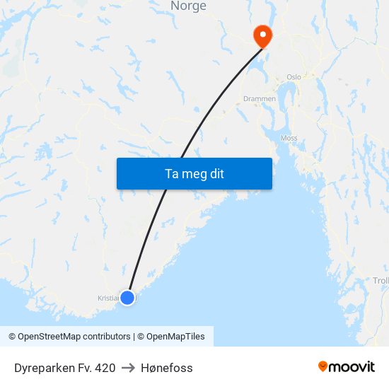 Dyreparken Fv. 420 to Hønefoss map