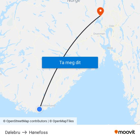 Dølebru to Hønefoss map