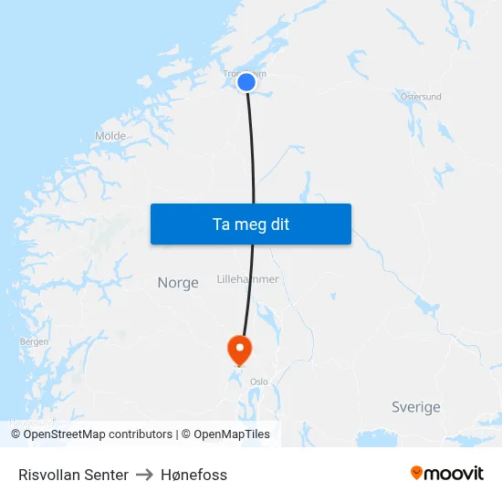 Risvollan Senter to Hønefoss map