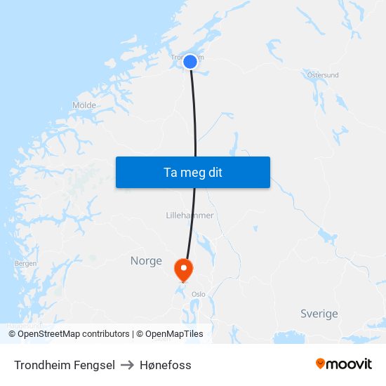 Trondheim Fengsel to Hønefoss map