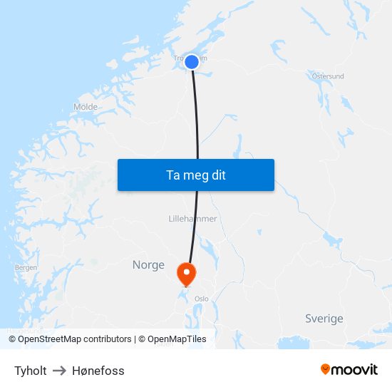Tyholt to Hønefoss map