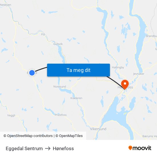 Eggedal Sentrum to Hønefoss map