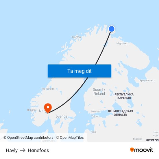 Havly to Hønefoss map