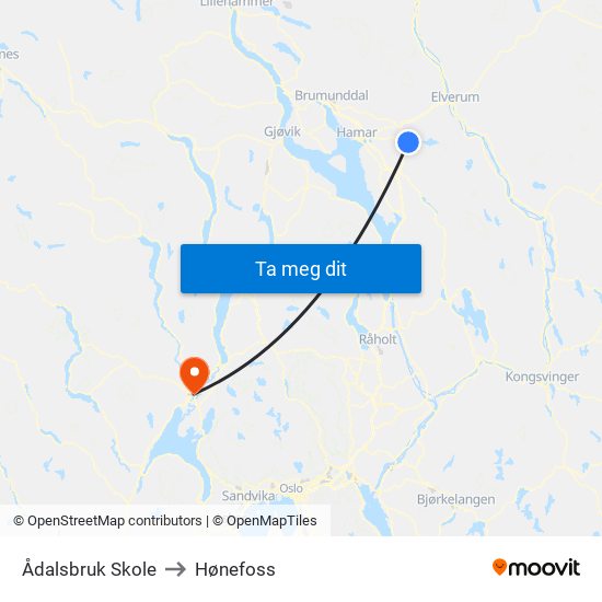 Ådalsbruk Skole to Hønefoss map