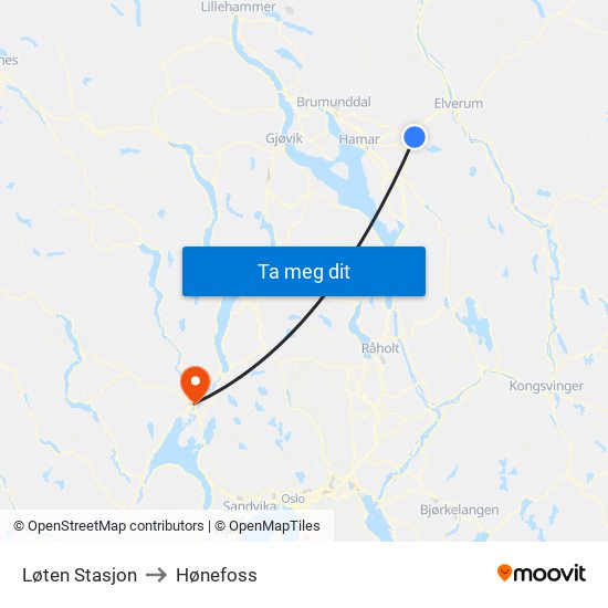 Løten Stasjon to Hønefoss map