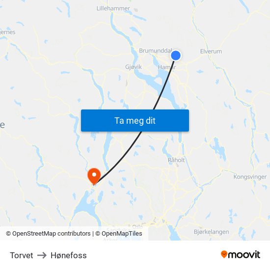 Torvet to Hønefoss map