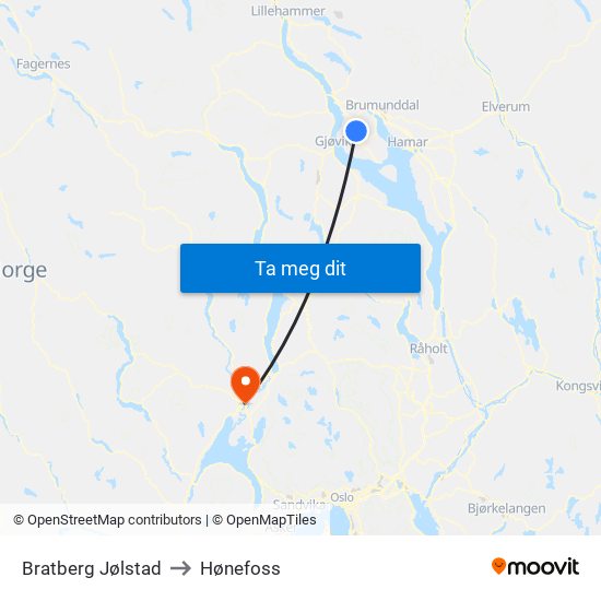 Bratberg Jølstad to Hønefoss map