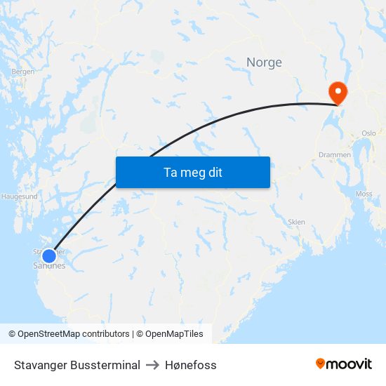 Stavanger Bussterminal to Hønefoss map