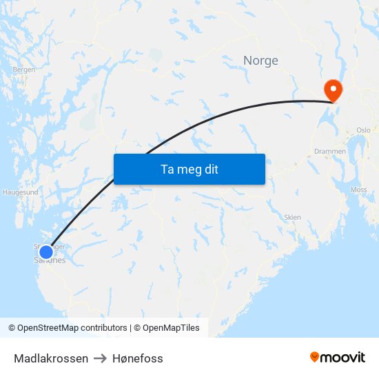 Madlakrossen to Hønefoss map