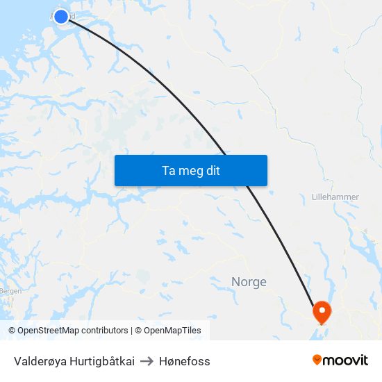 Valderøya Hurtigbåtkai to Hønefoss map