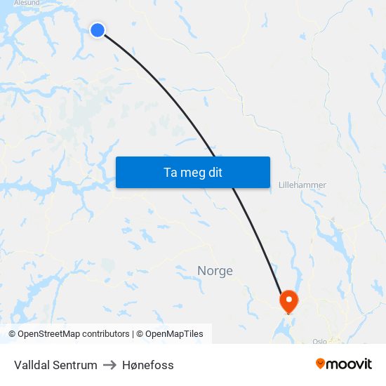 Valldal Sentrum to Hønefoss map