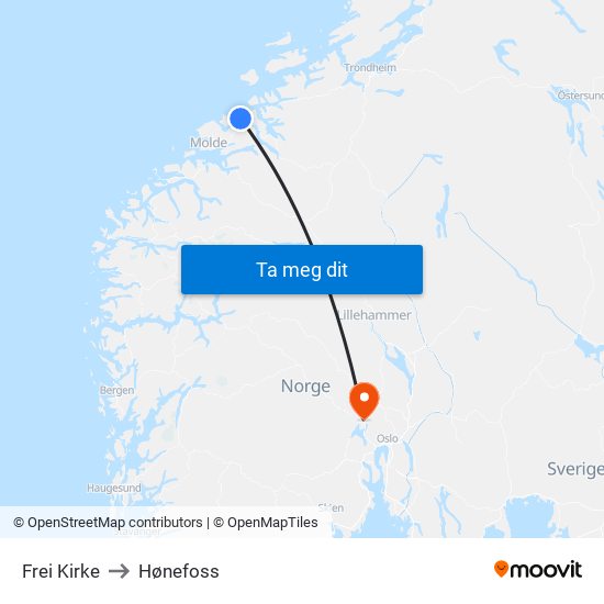 Frei Kirke to Hønefoss map