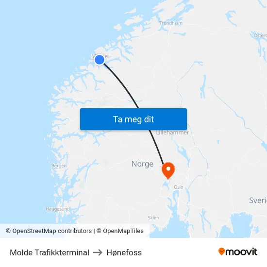 Molde Trafikkterminal to Hønefoss map