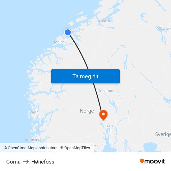 Goma to Hønefoss map