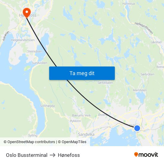 Oslo Bussterminal to Hønefoss map