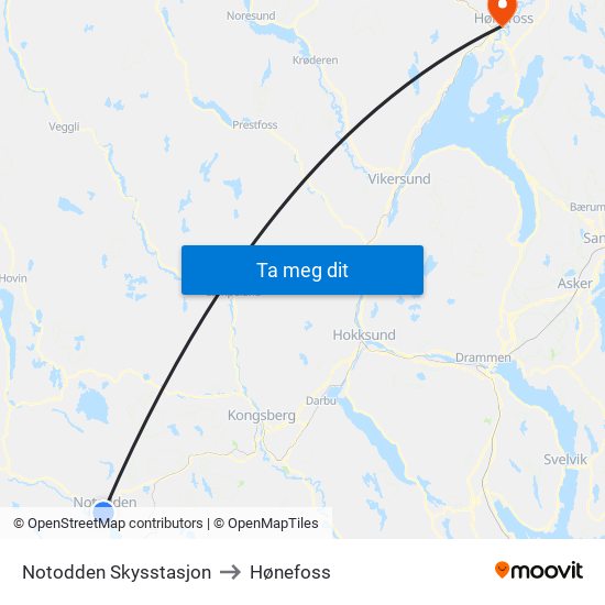 Notodden Skysstasjon to Hønefoss map