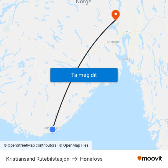 Kristiansand Rutebilstasjon to Hønefoss map