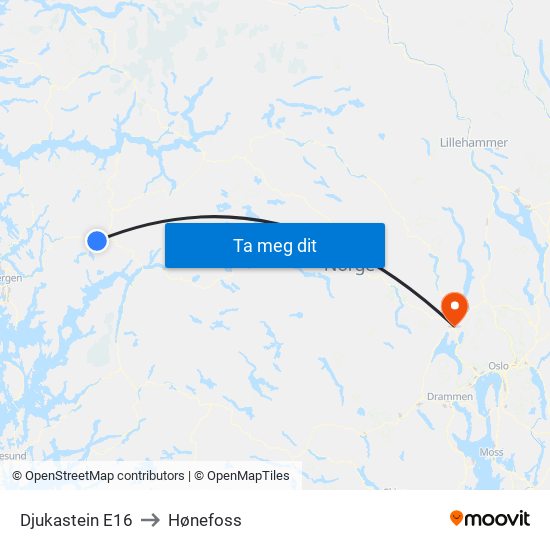 Djukastein E16 to Hønefoss map