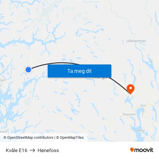 Kvåle E16 to Hønefoss map