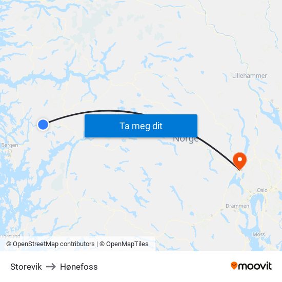Storevik to Hønefoss map