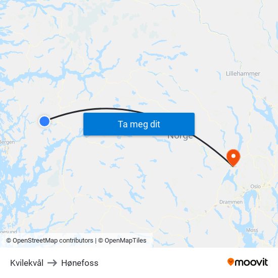 Kvilekvål to Hønefoss map