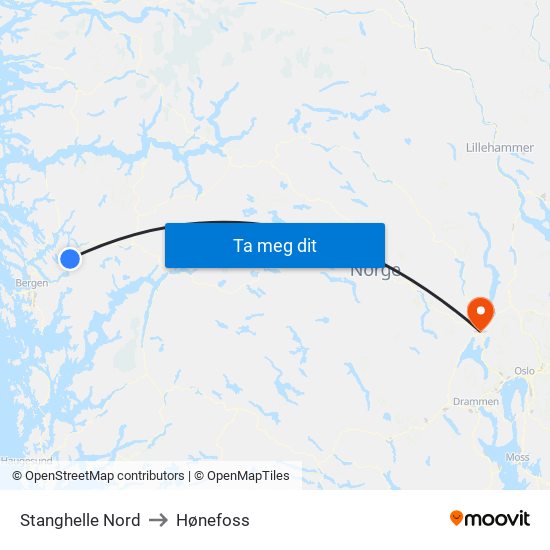 Stanghelle Nord to Hønefoss map