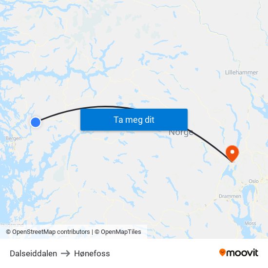 Dalseiddalen to Hønefoss map