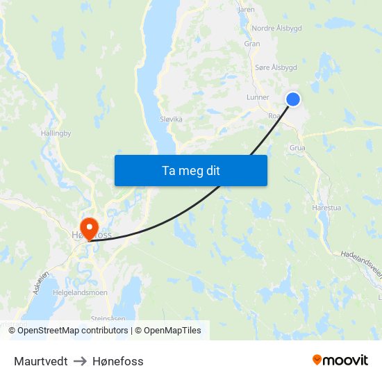 Maurtvedt to Hønefoss map