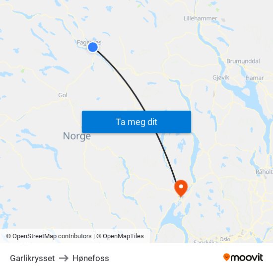 Garlikrysset to Hønefoss map
