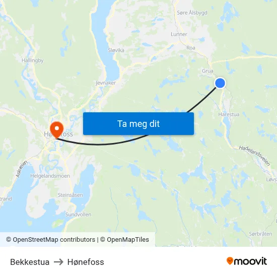 Bekkestua to Hønefoss map