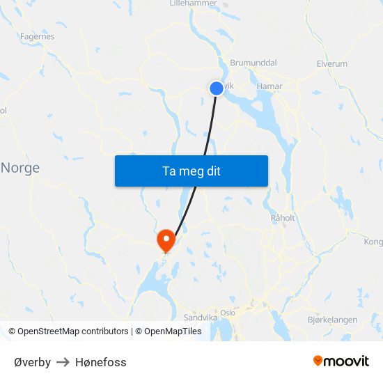 Øverby to Hønefoss map