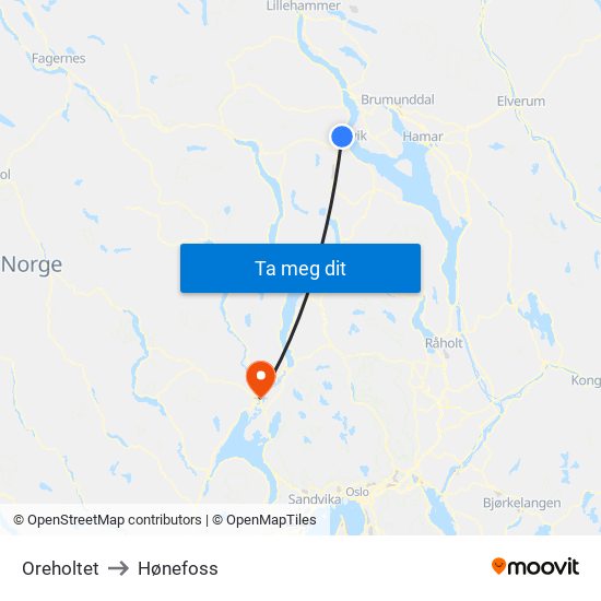 Oreholtet to Hønefoss map