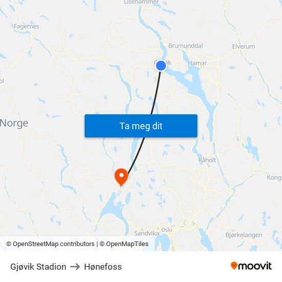 Gjøvik Stadion to Hønefoss map