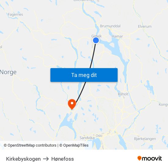 Kirkebyskogen to Hønefoss map