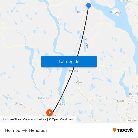 Holmbo to Hønefoss map