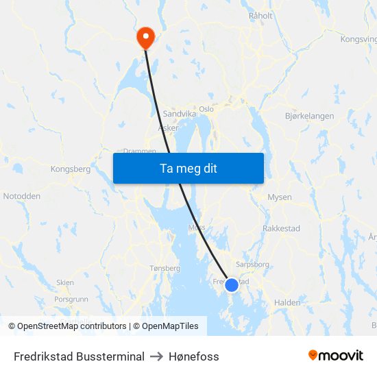Fredrikstad Bussterminal to Hønefoss map