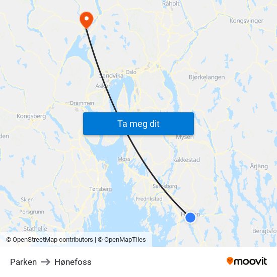 Parken to Hønefoss map