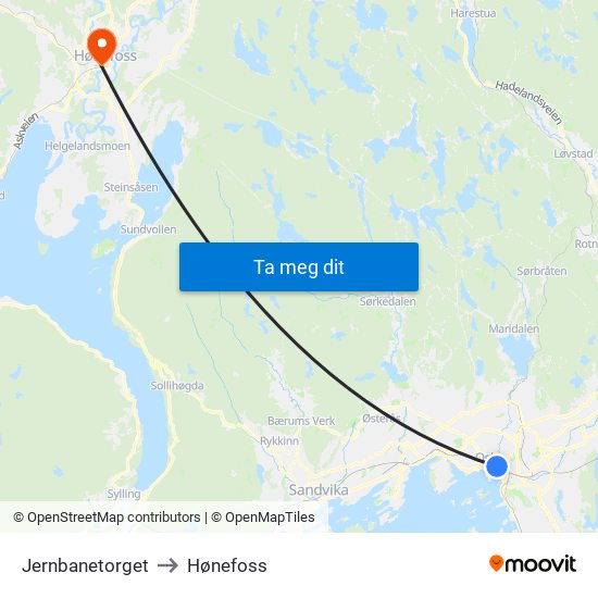 Jernbanetorget to Hønefoss map