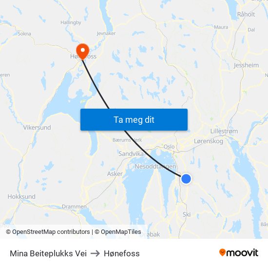 Mina Beiteplukks Vei to Hønefoss map