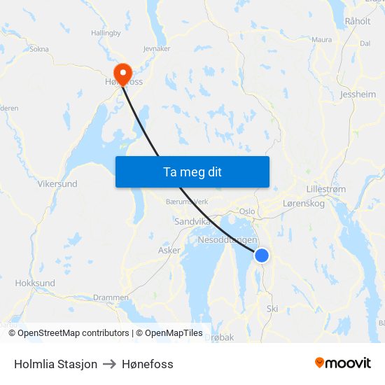 Holmlia Stasjon to Hønefoss map